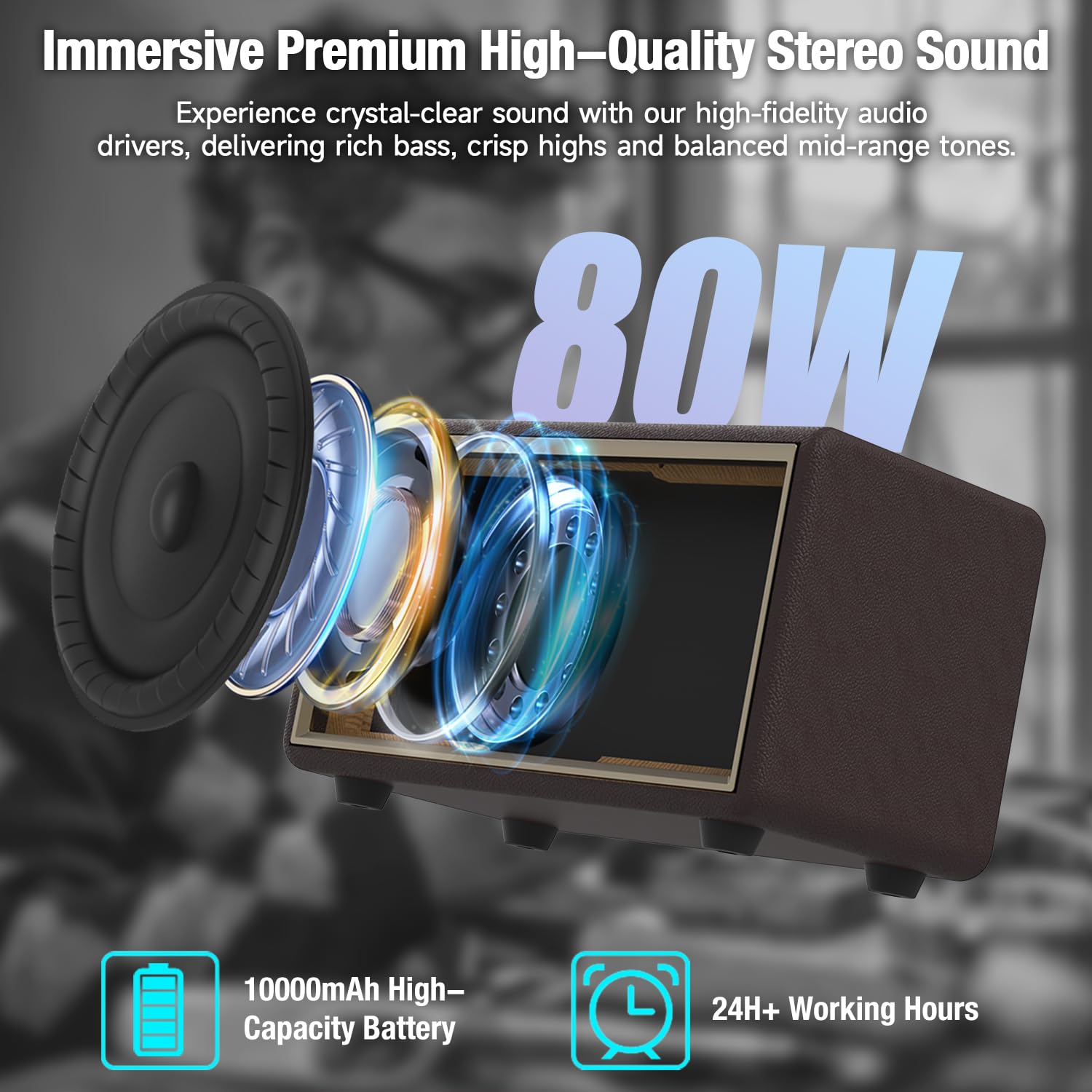 Lonzuer Retro Portable Bluetooth Speaker,Vintage Wireless Speaker With 80W Loud Bass Subwoofer,10000Mah Battery Power,Aux Input,